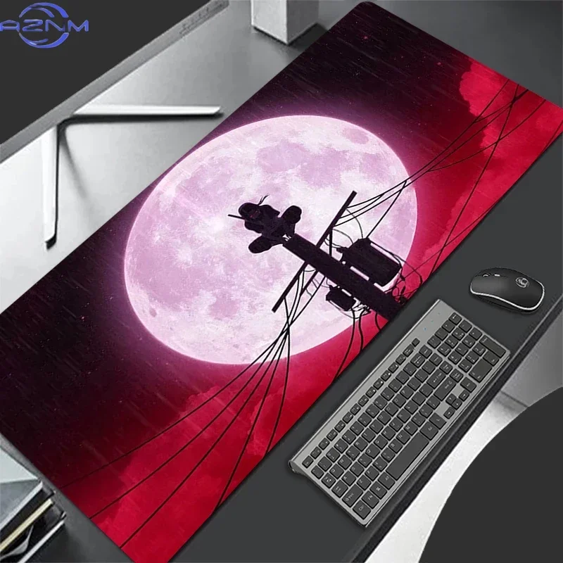 Dark Anime Silhouette Ninja On Power Pole With Giant Pink Moon Mouse Pad, Rubber Non Slip Backing, Smooth Surface Gaming Desk Ma