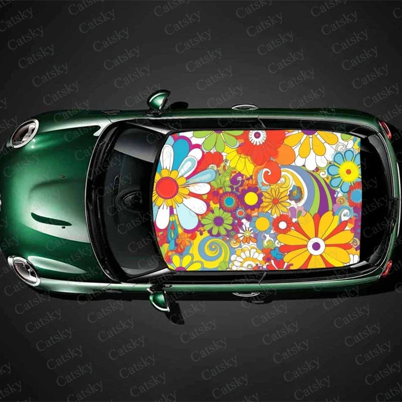 

Hippie Flower Colorful Floral Car Roof Sticker Wrap Racing SUV Accessories Packaging Painted PVC Custom Car Graphic Decal