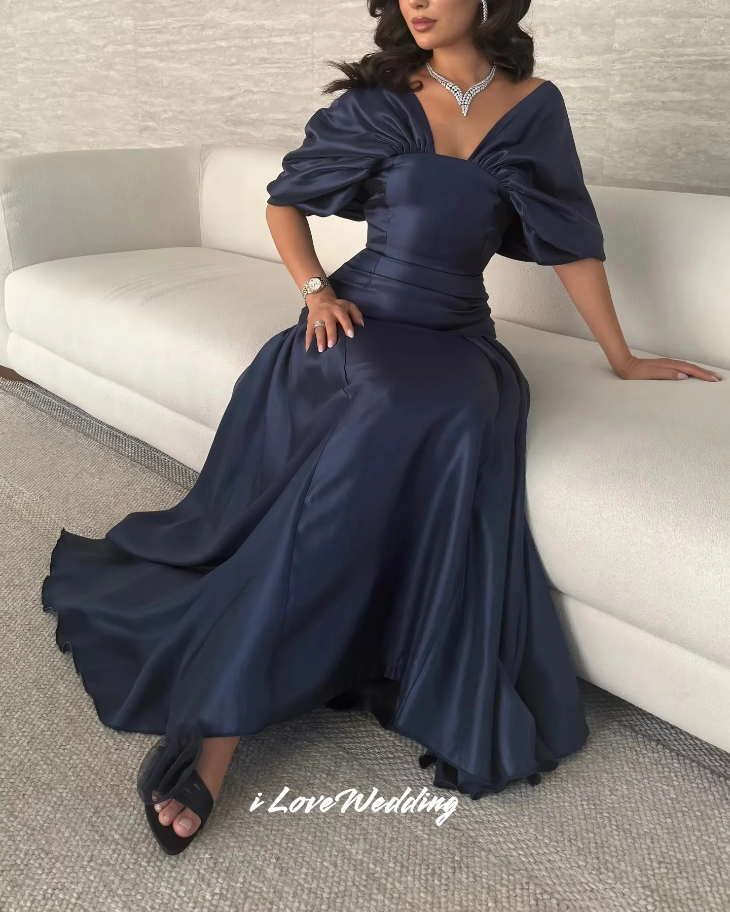 

Navy Blue V-Neck Prom Dress 2025 Off Shoulder A-Line Floor-Length Pleated Elegant Evening Dress Wedding Party Dresses Customized