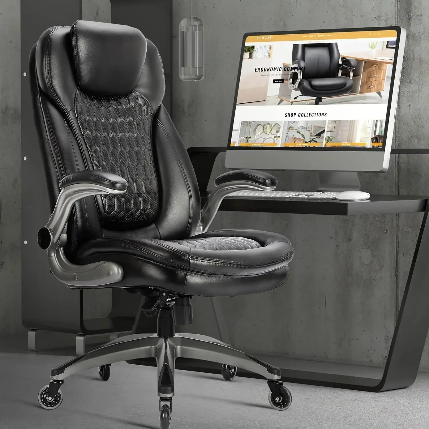 Office Chair-Ergonomic Computer Desk Chair with Thick Seat for Comfort, High Back Executive Chair with Padded Flip-up Arms