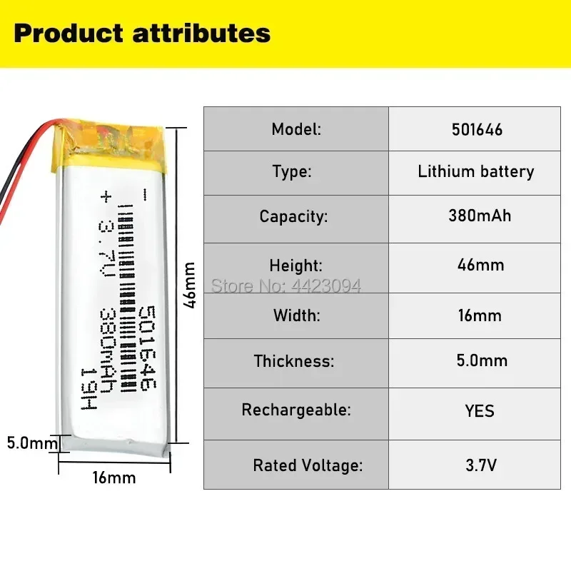 501646 3.7V 380mAh Li-ion Lipo Recharegable Battery for Gps Mp3 Mp4 Camera Bluetooth Speaker Tachograph Lithium Polymer Battery