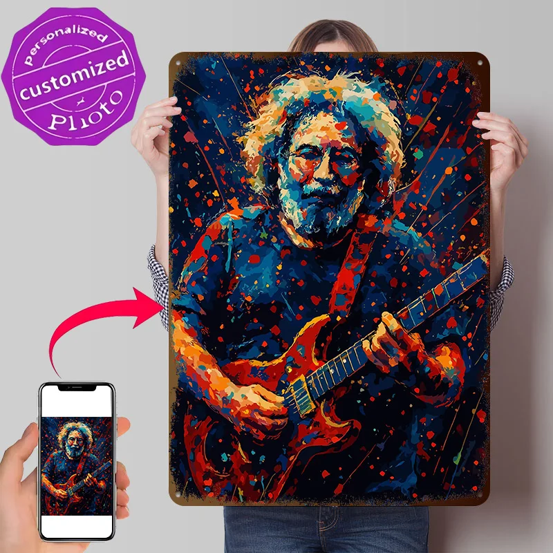 Jerry Garcia Abstract Guitar Portrait Personalized 3D Textured Metal Poster Wall Art Vintage Tin Signs for Aesthetic Room Decor