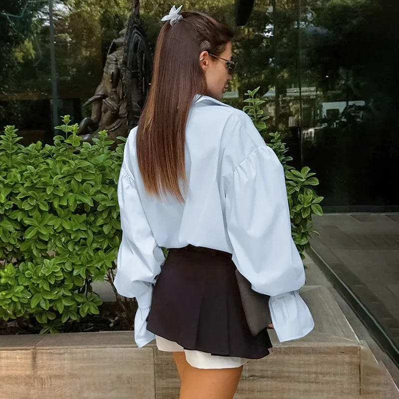 Fmxires Women's Cotton Long Sleeve Shirt 2025 Spring New Elegant Office Lady Lapel Top Loose Fashion Buttons Flare Sleeve Blouse