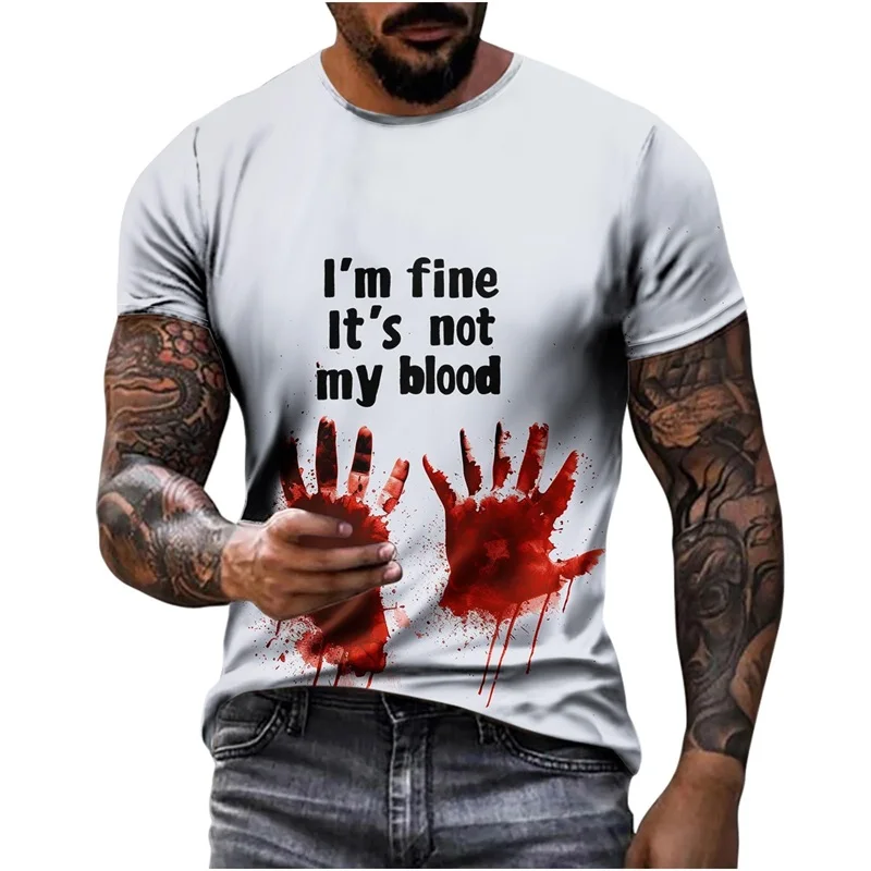 I'm Fine Bloody Graphic Halloween T Shirt For Men Full Print Scary Creepy Short Sleeve T-Shirt Mens New In Plus Size Tee Shirts
