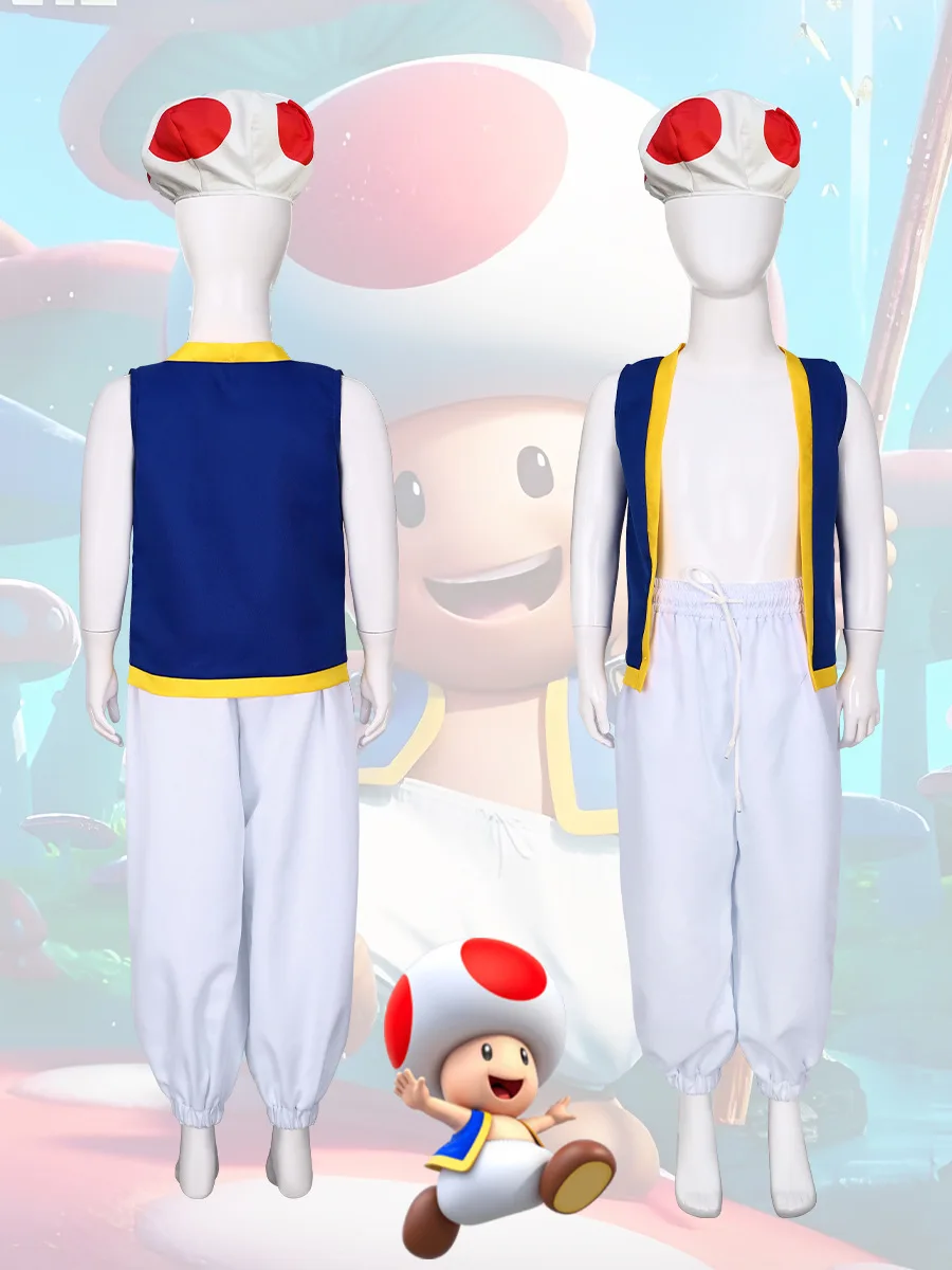 

Anime Kinopio Toad Cosplay Hat Kid Boy Costume Game Bros 2 Roleplay Fantasia Outfits Vest Pants Child Halloween Carnival Costume
