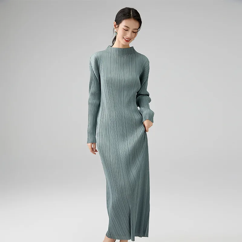 

Miyake Pleated Quality Dress 2025 Spring New High-end Half-high Collar Slim Long-sleeved Dress Elegant Long Skirt for Women