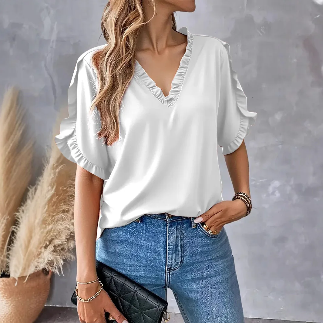 Été Simple couleur ort Sve v-ne irt femmes haut dentelle florale ourlet trajet Sle Polyester tissu Blouse
