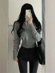 Korean Style Woman Tshirt Long Sleeve Sexy Knitted Crop Top Polo Neck T Shirt for Women Gray Clothing Polyester Original Luxury