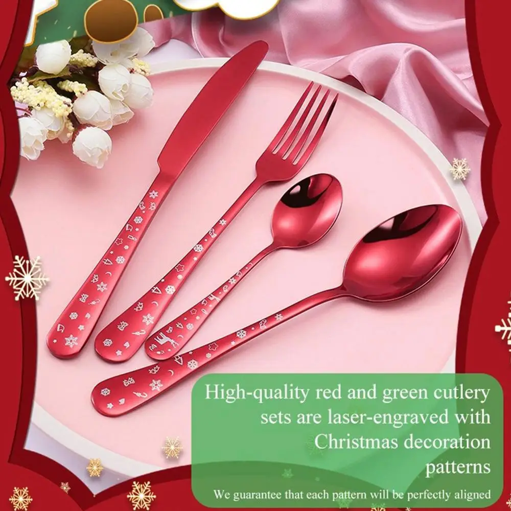 Description Picture 3 of item4pcs/set High Quality Christmas Flatware Set Stainless Steel Red Green Dinnerware Knife Fork Spoon Cutlery Dishwasher Safe