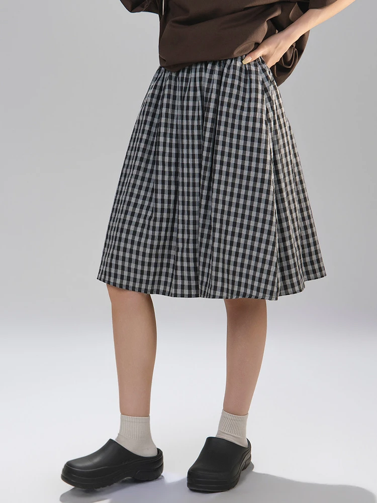 High Waist A-Line  Skirt Women's Plaid Art Wild Series Retro Japanese Style Breathable Skin-Friendly Cotton Polyester Blend