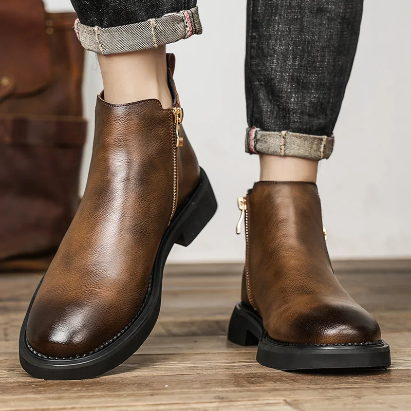 Genuine Leather Chelsea Boots Men Side Zippered Leather Boots Low Heel Solid Color Business Formal Men Boots