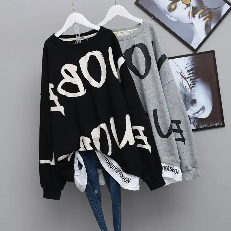 Plus Size 6XL 150KG TShirt Femme Autumn Letter T Shirt Women Black T shirt Long Sleeve  T-Shirts korean Style tops