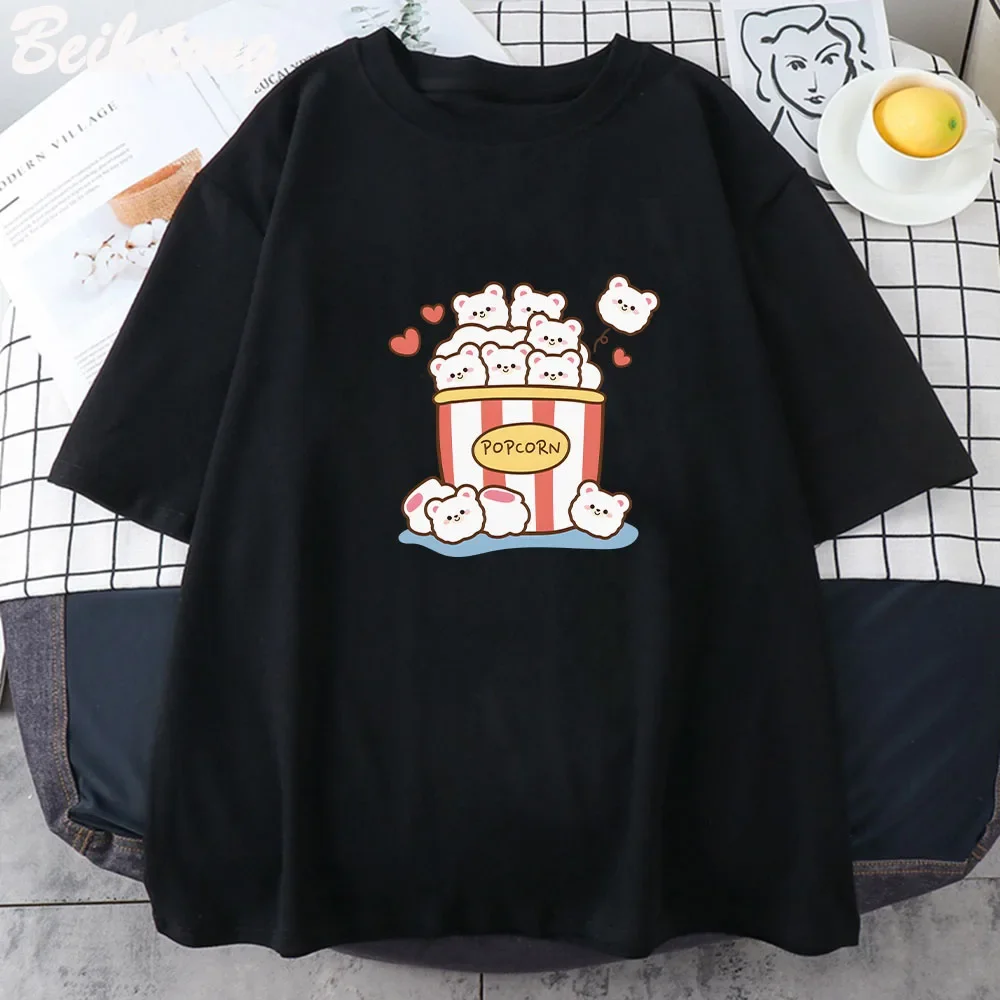 Cute Kawaii Popcorn T-Shirt Woman Cartoon Cute Graphic Tees Summer Unisex Pure Cotton Print Vintage Harajuku Clothes Vintage