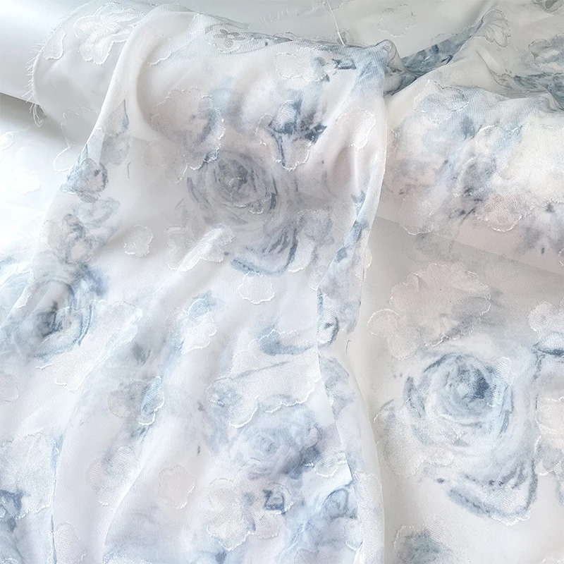 Jacquard Chiffon Fabric Semi Transparent Light Blue Halo Dyed Rose Hanfu Dress Shirt Diy Fashion for Sewing Cloth Skin Friendly