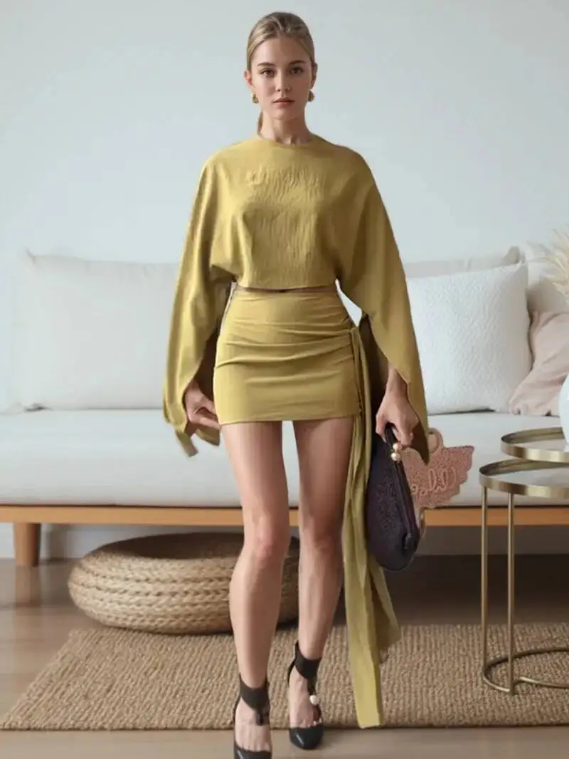 

Шикарный топ с шалью, мини-юбка, комплект женской укороченный топ с длинными рукавами и наклонными плечами, тонкие юбки на бедрах, летняя сексуальная женская одежда 0AME