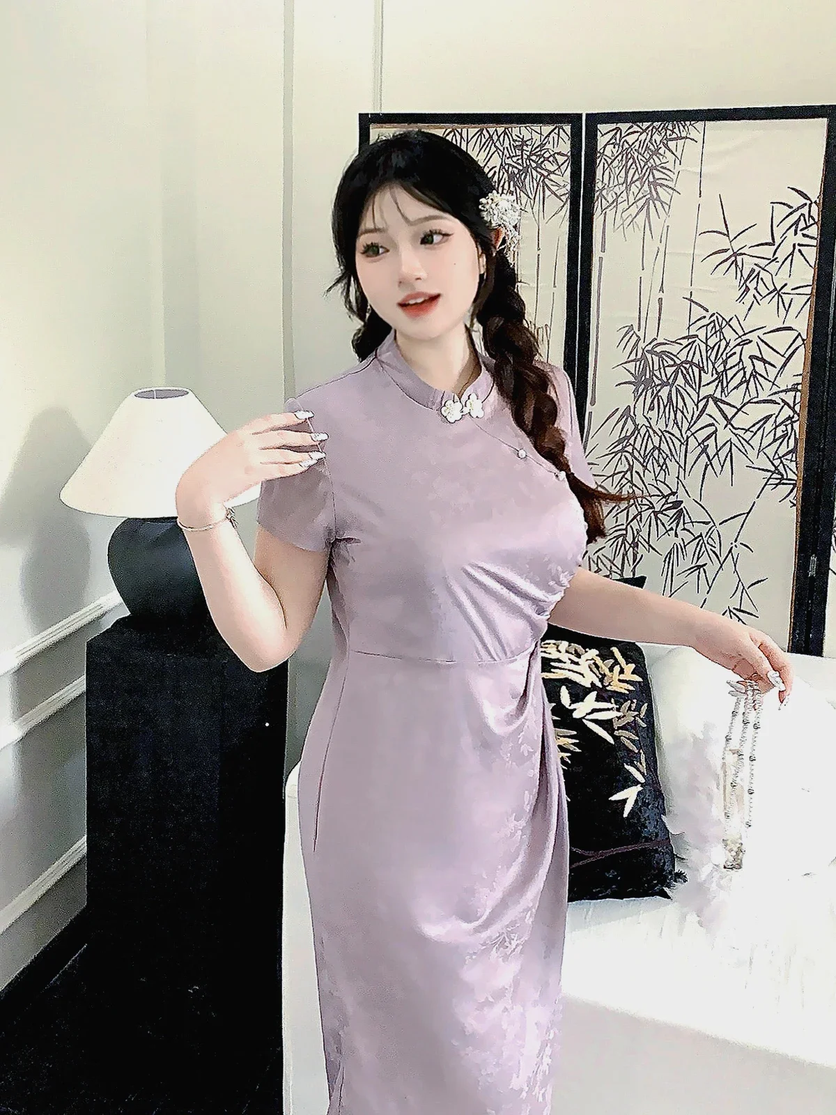 Robe Cheongsam chinoise longue pour femme, grande taille, amélioration moderne, violet, jacquard, style traditionnel chinois, été