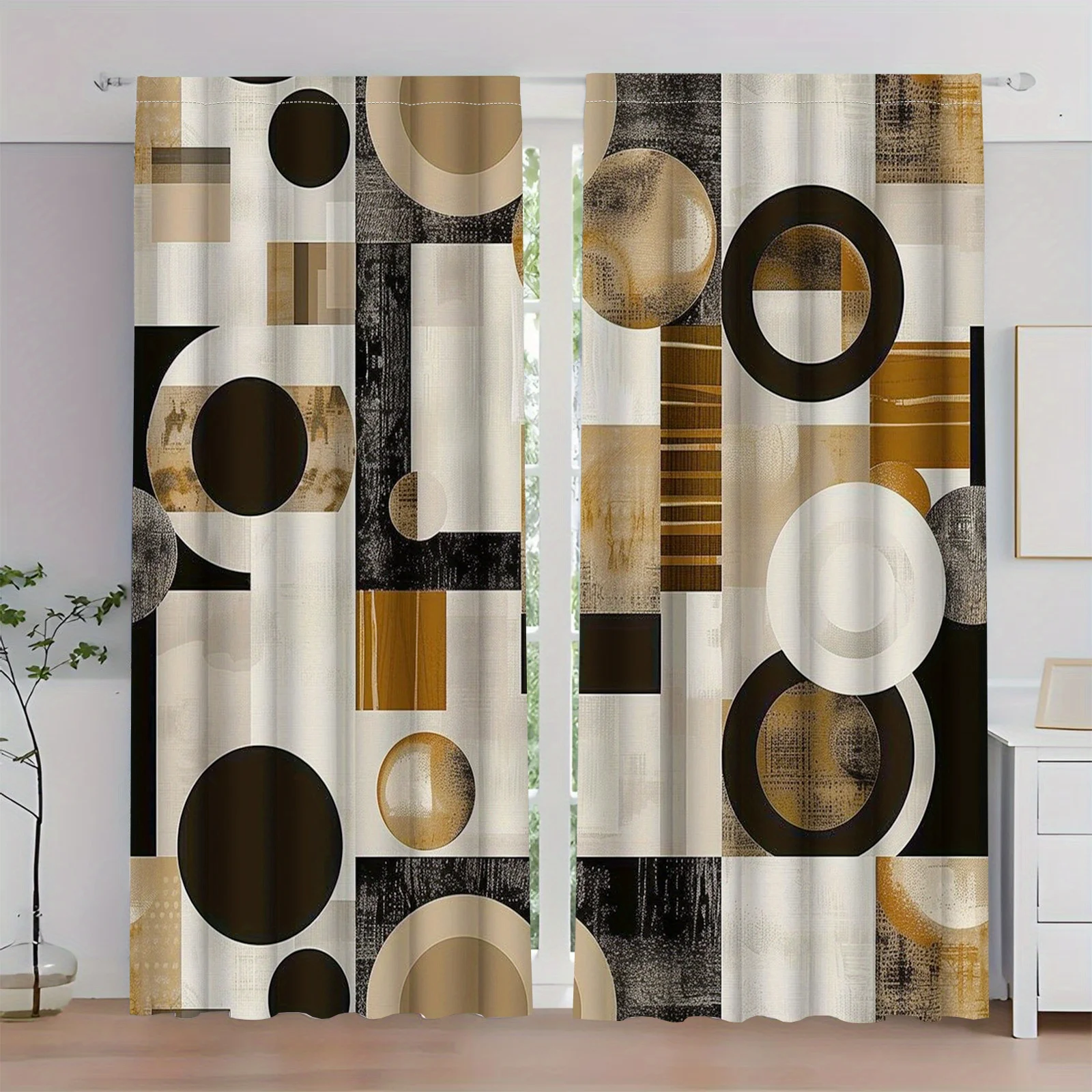 Modern Abstract Geometric Pattern Curtains Beige Brown Gold Living Room Home Decor Drapes