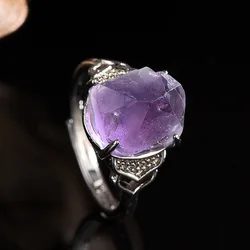 Natural Amethyst Hand-carved Raw Ore Ring Fashion Boutique Jewelry Men and Women Crystal Ring Opening Adjustable Gift Accessorie
