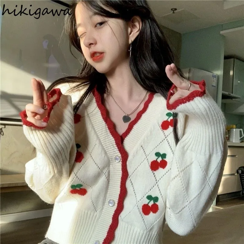 Cropped Cardigan Jackets Women Clothing Sueter Mujer V-neck Cherry Vintage Knitted Sweet Sweater Tops Chic Korean Pull Femme