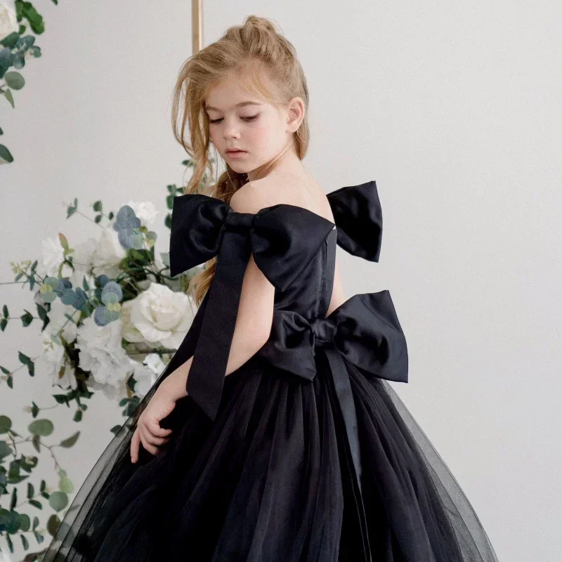 Vestidos de niña de flores de tul negro con lazo y cola de manga corta para boda, fiesta de cumpleaños, banquete, vestidos de princesa