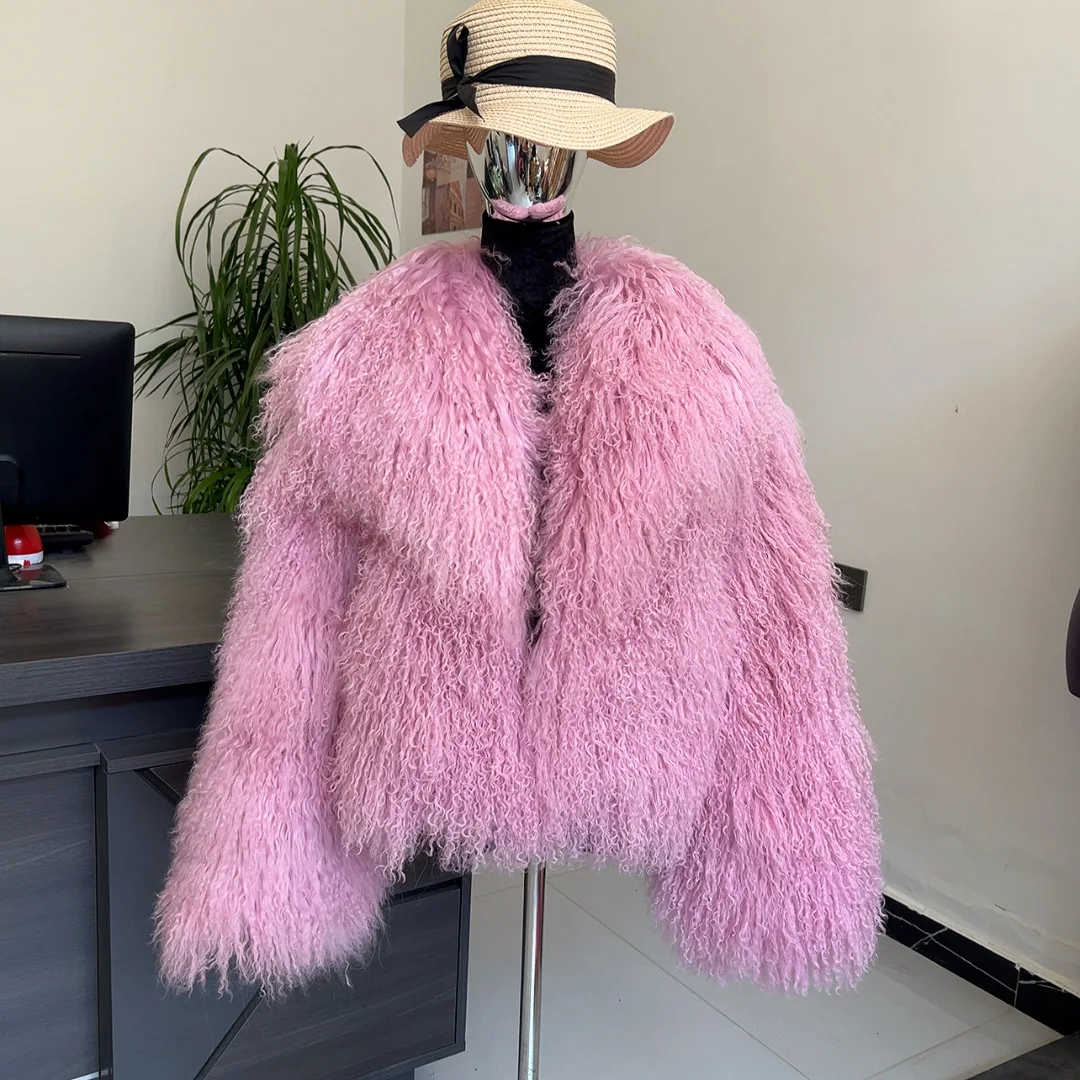 Women's luxurious natural Real Mongolian wool coat with a big collar fashionable winter genuine Mongolian beach sheepskin jacket