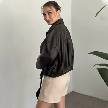 Fashion Leather Jacket Women's Vintage Faux Leather Bomber Jacket Solid Zipper Lapel Long Sleeves Autumn High Street Coat 4