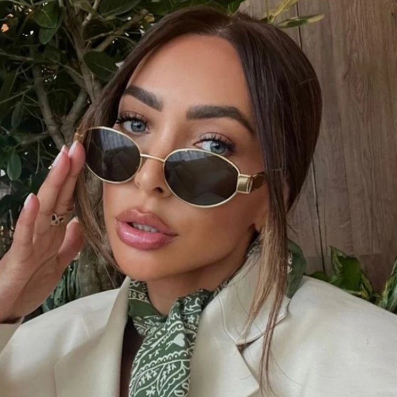 Gafas de sol ovaladas pequeñas y geniales para mujer y hombre, lentes de sol Vintage con marco de Metal de diseñador de marca de lujo, gafas de sol redondas doradas y negras UV400