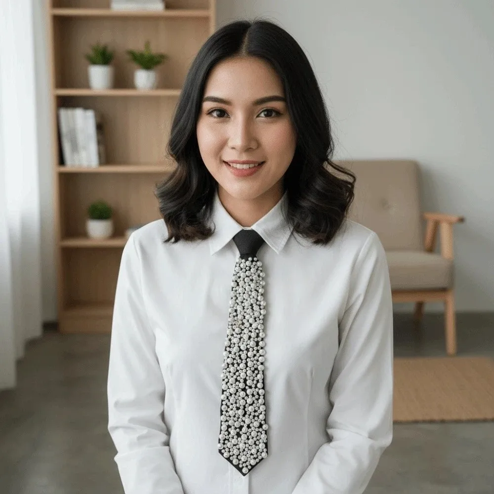 

Korean Style Full Pearls Tie Black Academic Style Hand-beaded Long Necktie Geometric Necklace Decoration Shirt Tie