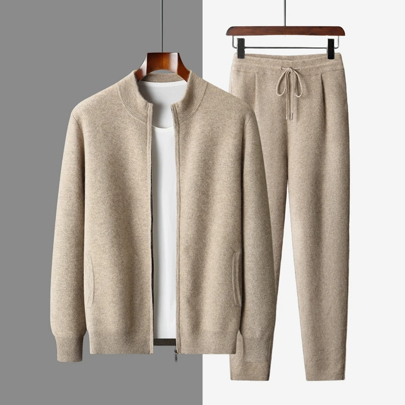 ANGEL 2025 Mens' 100% Cashmere Set Zipper Cardigan Pencil Pants Thick Cashmere Knit Sweater Autumn Winter Luxury Design Set