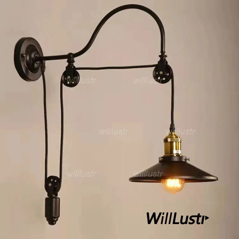 

Vintage Iron Wall Lamp Industrial Style Pulley Lifting Sconce Hotel Cafe Loft Bar Hallway Porch With Mirror Cage Metal Lighting