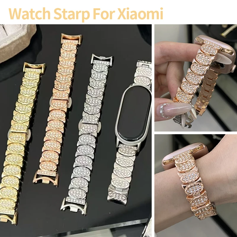 Bling Crystal Diamond Metal Band for Miband 10 9 8 8Pro Fish Scale Replacement Strap for Redmi Watch 6 5 4 Women Watch Wristband