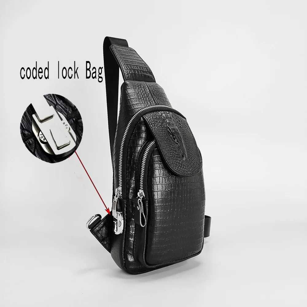 Trendy And Fashionable Bag Password Lock Men's Genuine Leather Chest Crocodile Pattern Top Layer Cowhide Travel Small Single
