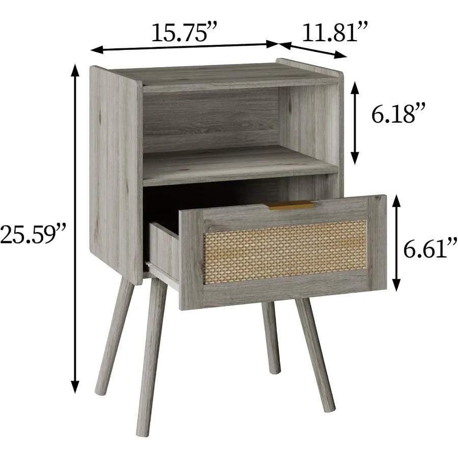 Mesita de noche moderna de ratán con cajón de almacenamiento y estante de madera abierto para dormitorio, sala de estar y espacios pequeños, muebles elegantes con acento