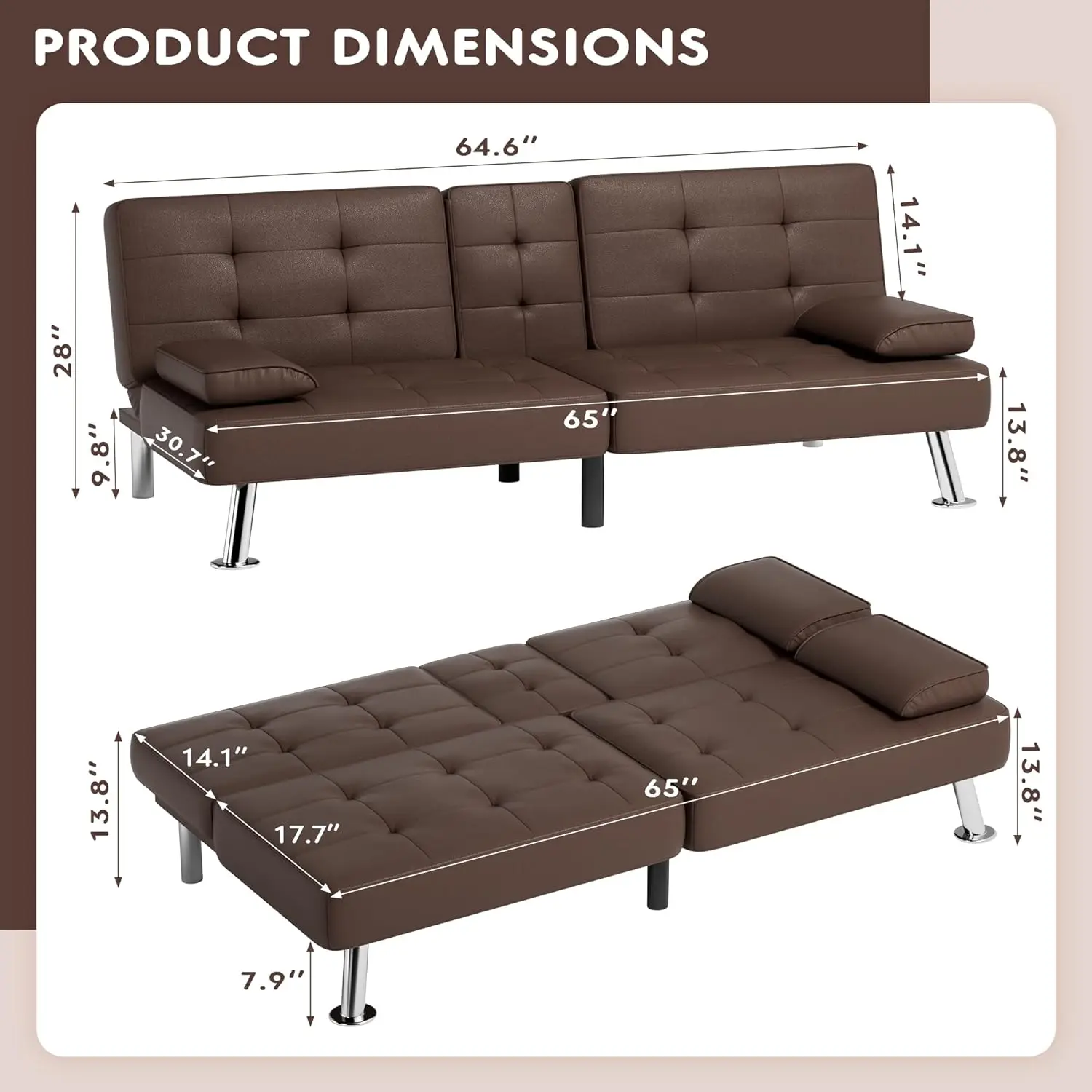 Faux Leather Upholstered Sofa, Foldable Futon Bed, Adjustable Recliner, Watching TV Playing Games, Bed for Living Room