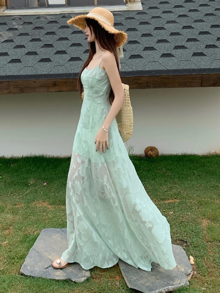 พิมพ์ลูกไม้ Camis ชุดผู้หญิงฤดูร้อน Holiday ชุดยาวสายเกาหลีแฟชั่นเซ็กซี่สูงเอวสปาเก็ตตี้ Vestidos De Mujer