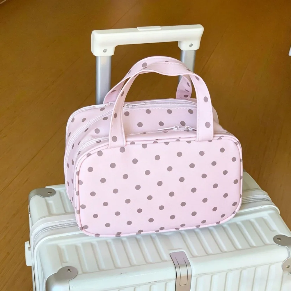 Multifunktionale Polka-Dot-Kosmetiktasche mit großem Fassungsvermögen und Griff, dreilagige PU-Reise-Toilettentasche – Detail 8
