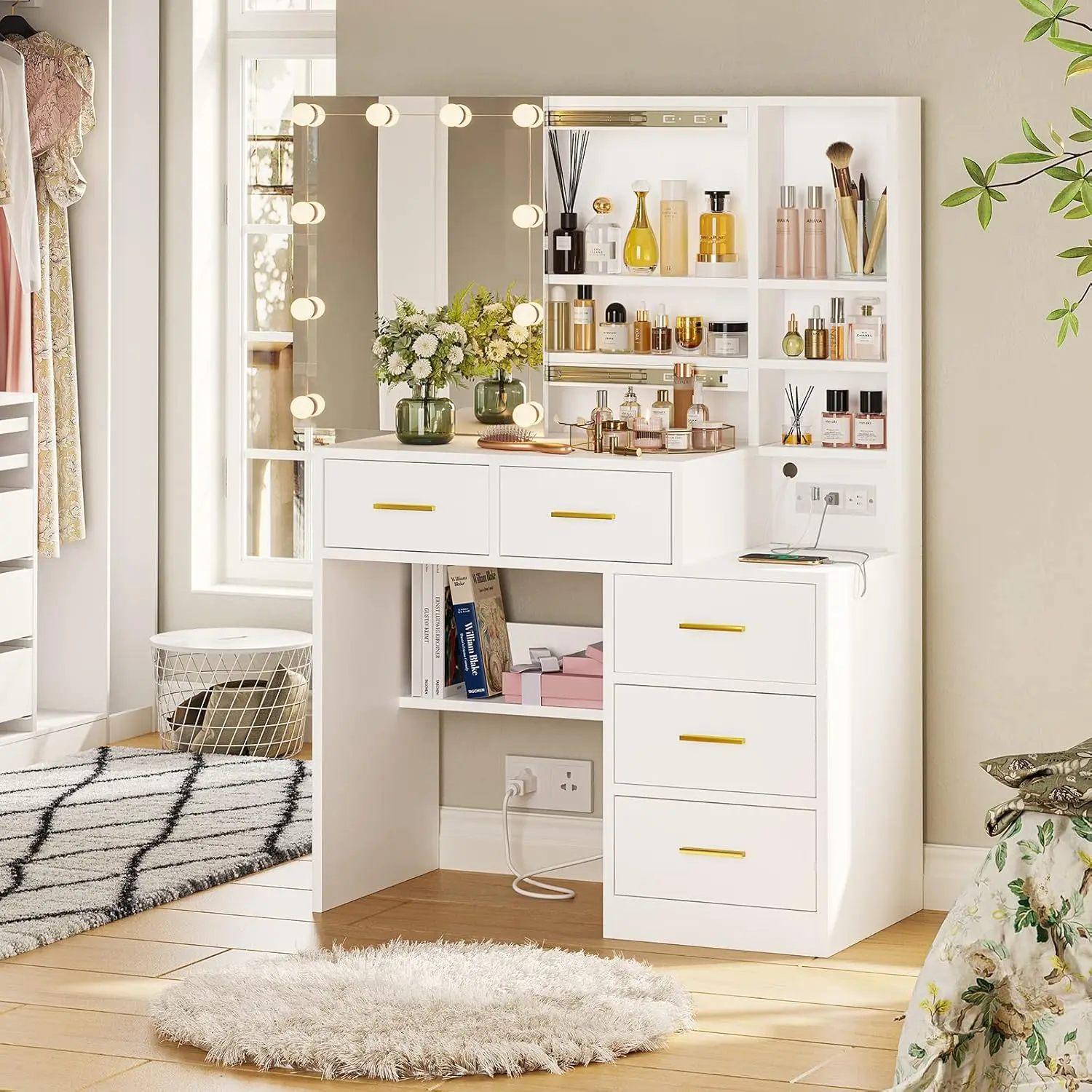 Vanity Desk with Sliding Mirror and Lights, Makeup Vanity with Lights and Charging Station, Makeup Desk with 5 Drawers,White