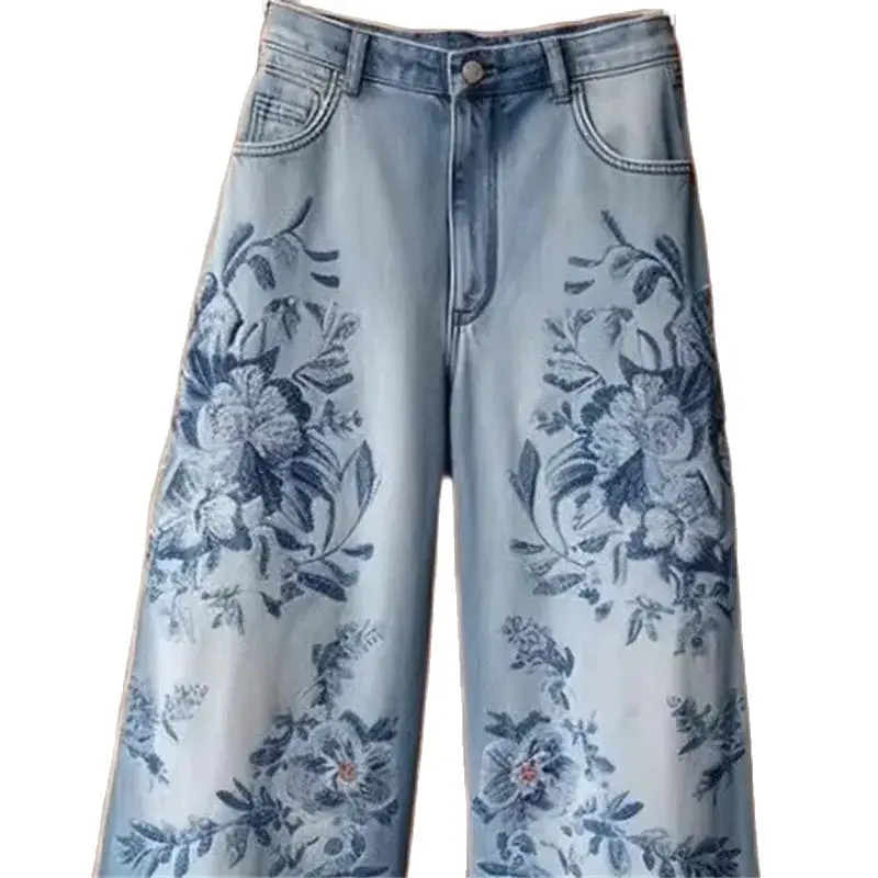 High-End Embroidered Wide-Leg Jeans Women's Spring And Autumn Ladies' Trousers New 2024 Straight Pants Denim