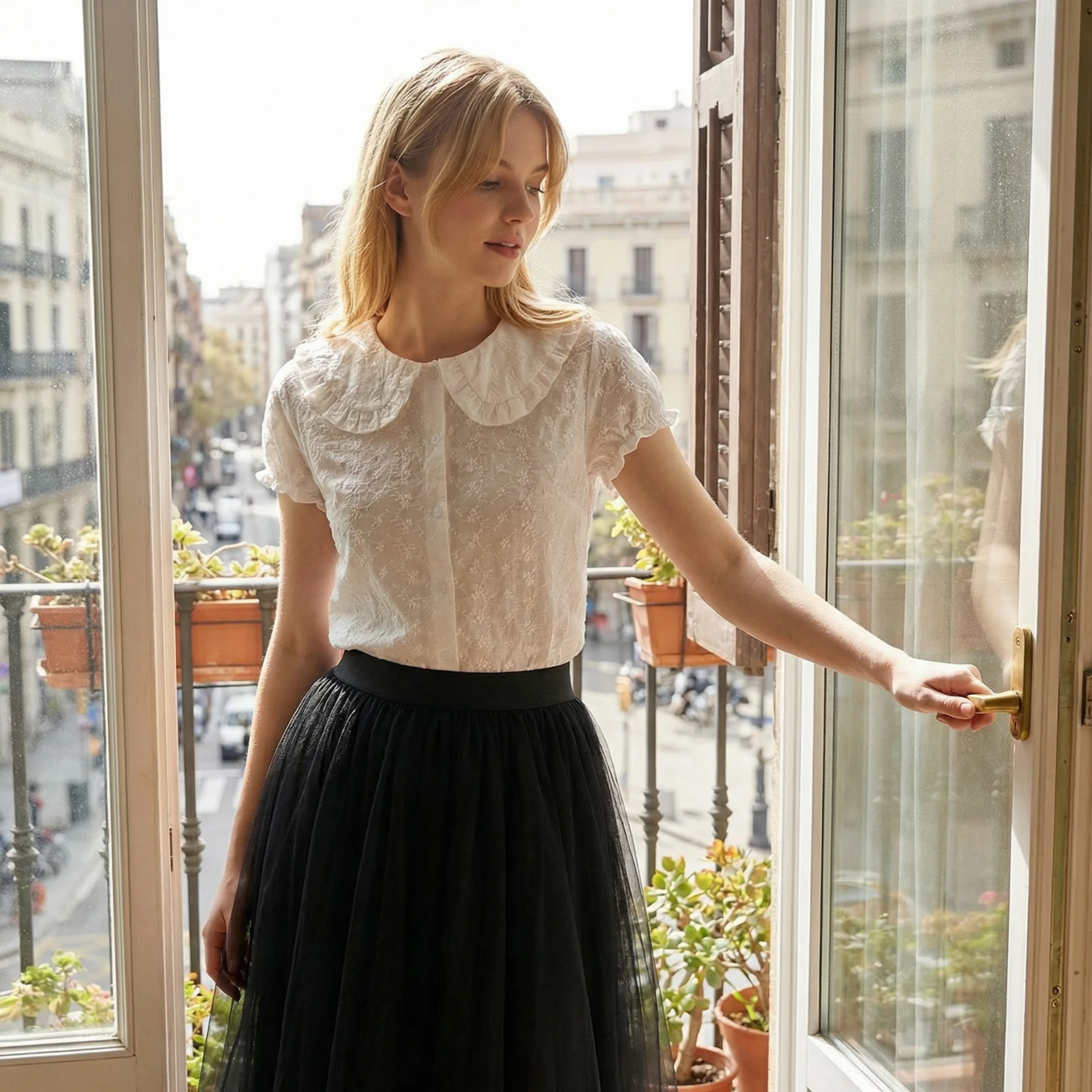 

Women's White Embroidered Peter Pan Collar Blouse - Ruffled Short Sleeve Button Down Crop Top for Casual Summer Outfits