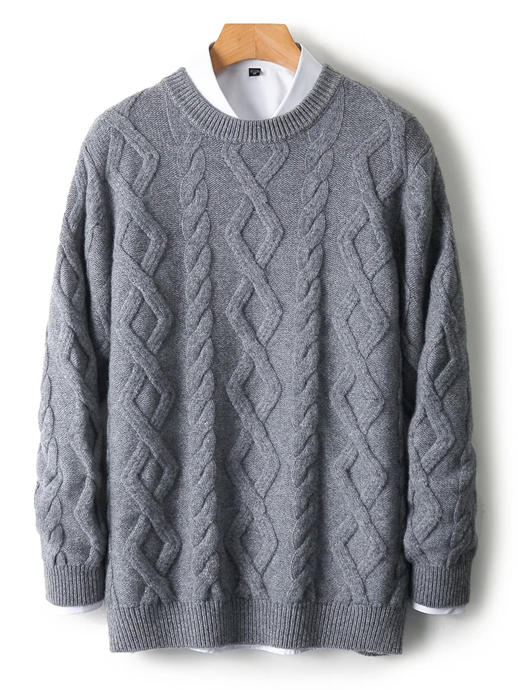 100% Merino Wool Men's Round Neck Thickened Autumn Winter Warm Casual Fashionable Knitted Sweater