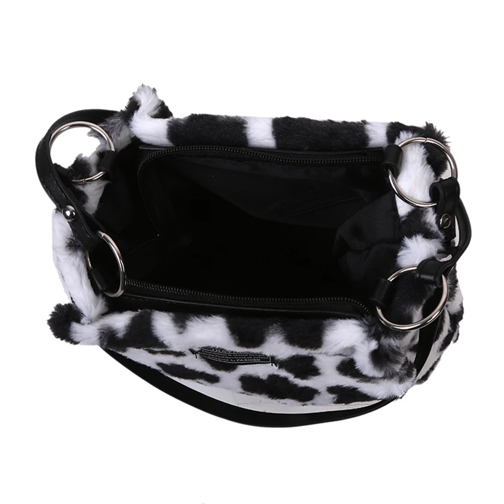 Women Faux Fur Handbag Versatile Furry Shoulder Bag Zebra/Cow Pattern Fluffy Satchel Bag Plush Tote Bag Commuting Bag Hobo Bag