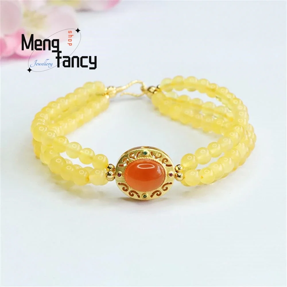 Natural Amber Strings Gold Perforated Three-ring Bracelet Salt Source Simple Agate Elegant High-grade Hand Luxury Jewelry Female