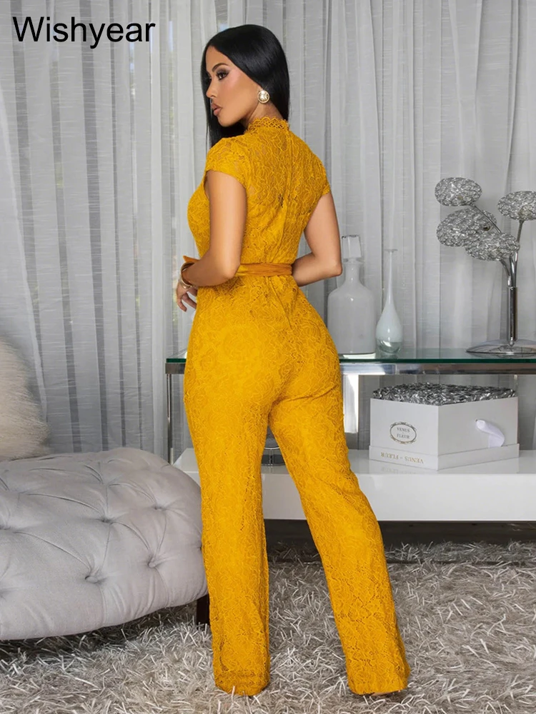Nowy seksowny żółty koronkowy kombinezon z prześwitującymi elementami, wycięciami, krótkim rękawem, damski, z szerokimi nogawkami, jednoczęściowy strój streetwearowy, ogrodniczki.