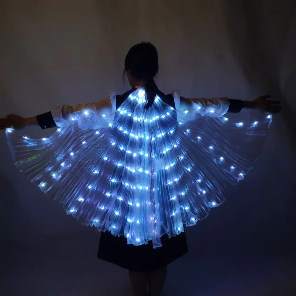Capa luminosa de led, pano transparente branco, gancho à mão, fluorescente, adereços de dança do ventre, realizando asas de led para adultos
