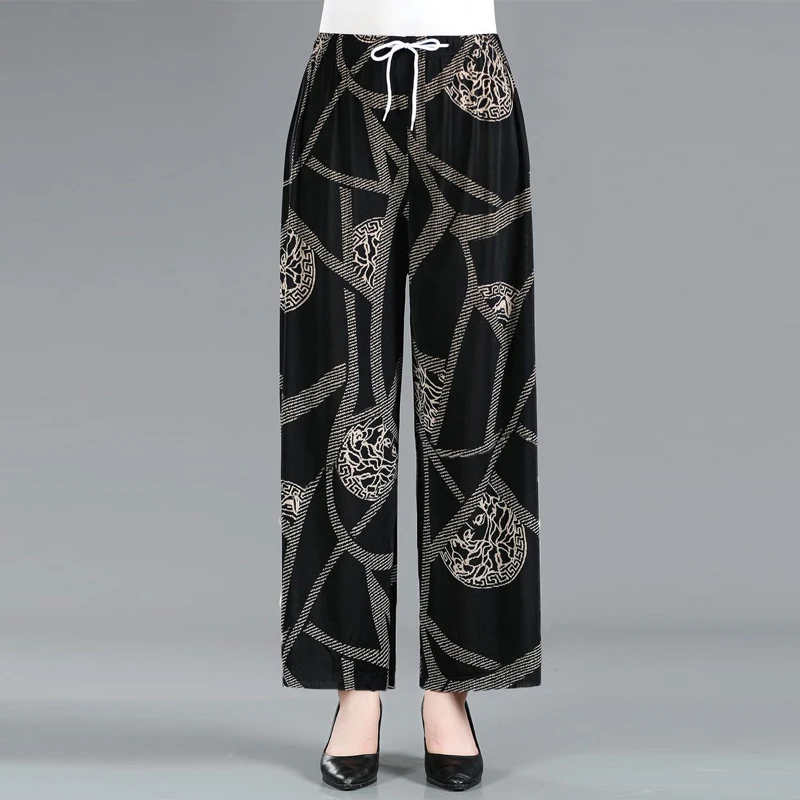 Middle-aged Elderly Women Retro Fashion Print Wide Leg Pants Ladies Elegant High Waist Straight Trousers Casual Loose Pantalones