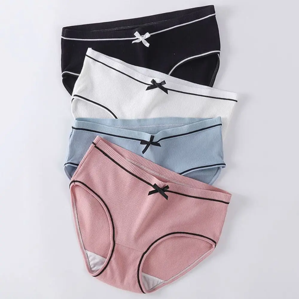 

10PCS Fashion Bowknot Solid Color Panties Oversized Stripe Underwear Women Underpants Breathable Low Waist Briefs Four Seasons