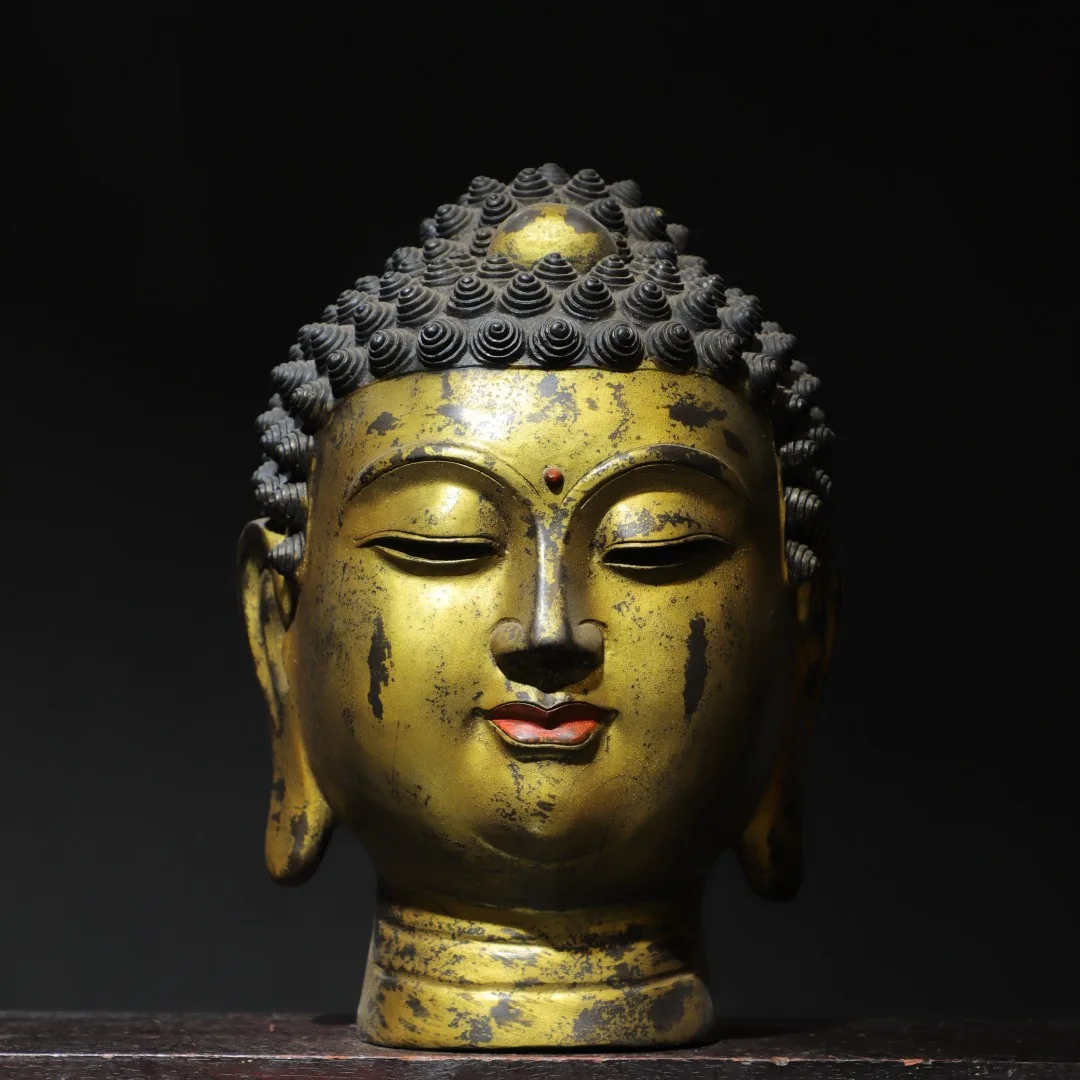 

14"Tibetan Temple Collection Old Bronze Gilded Cinnabar Shakyamuni Buddha Head Buddha Statue Amitabha Worship hall Town house