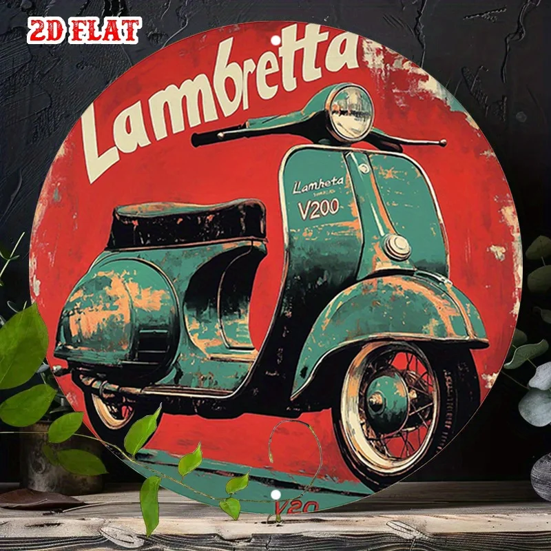[Sinal de scooter lambretta vintage] sinal de lata de metal retrô de scooter lambretta vintage-1 peça arte de parede de alumínio redonda de 7,87" com bac vermelho