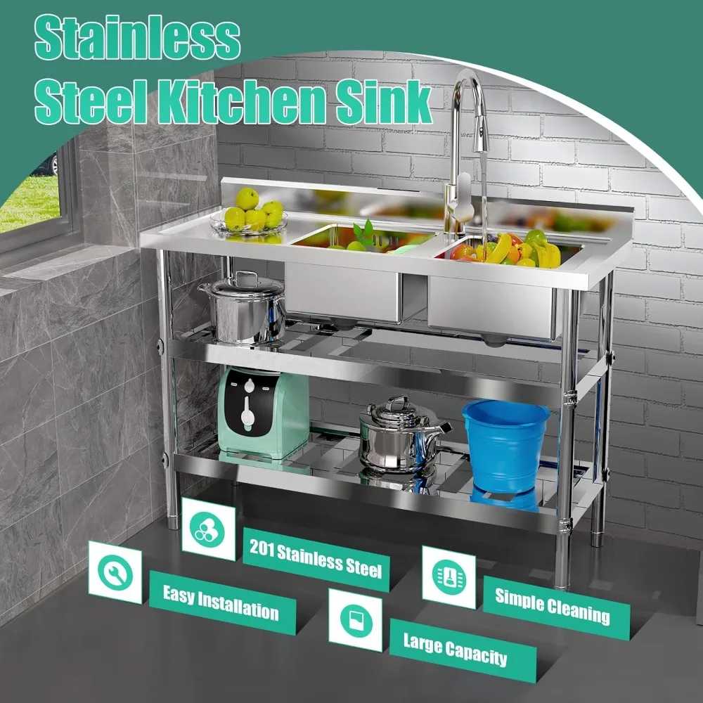 Stainless-Steel Double Bowl Sink Set W/Faucet& Storage Shelves, Commercial Restaurant Sink, 201 Stainless Steel Utility Sink