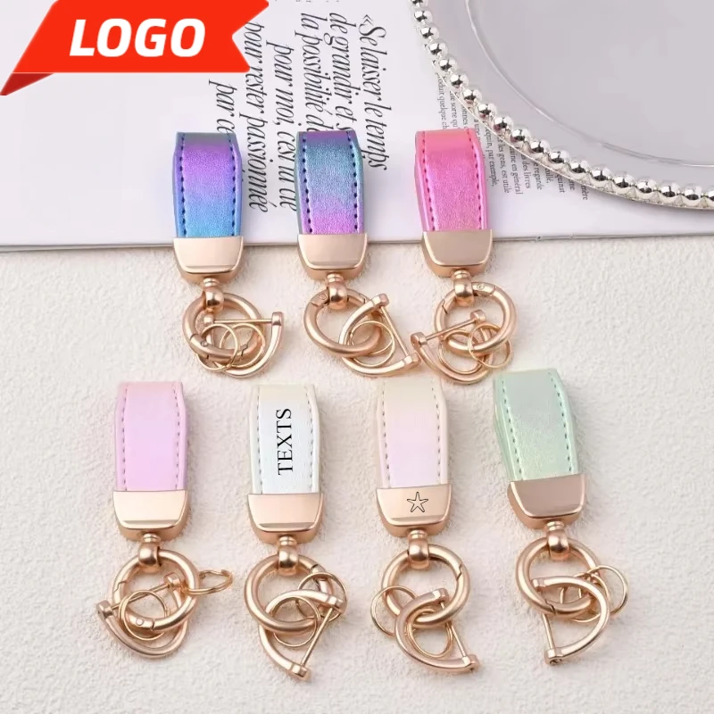 

Gradient Custom Logo Leather Keychain Personalize Car Bag Key Chain Laser Engrave Fluorescent Company Name Activity Keyring